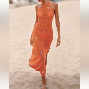 Anthropologie Celandine Crochet Halter Cover-Up Dress Orange Flowers SMALL NEW